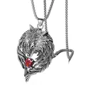 Vintage wolf head pendant necklace in stainless steel with a red gemstone on white background - Red Stone Silver Chain
