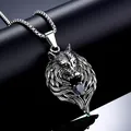 Vintage wolf head pendant necklace with black gemstone and steel box chain for men - Black Stone Silver Chain