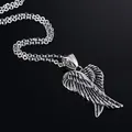 Vintage silver-toned double wing feather pendant necklace with detailed metal chain - Angel Wing Heart Pendant With Cross Chain (A1522B)