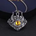 Gothic Evil Eye necklace with three skulls and orange dragon eye in vintage silver finish - Standard Type / Yellow