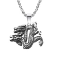 Close-up of double-headed dragon pendant with vintage oxidized texture and scales - Dragon With Titanium Steel Chain
