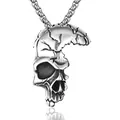 Gothic skull pendant necklace in silver finish with vintage stainless steel texture - Half Skull Style