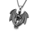 Retro gothic skull pendant with wings on a steel square pearl chain necklace - Vampire Bat Style
