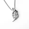 Detail showing carved silver wolf pendant with tribal patterns on a steel box chain - Tribal Wolf (A2813B)