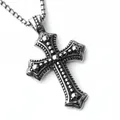 Pendentif croix rétro en acier inoxydable avec relief perlé sur une chaîne box ronde - Croix Pointillée (Croix Pointillée + Chaîne en Acier Titane)