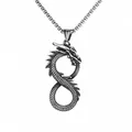Vintage Viking double dragon infinity pendant in stainless steel with square link chain - Dragon