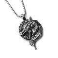 Detailed close-up of a Viking wolf head pendant necklace in antique silver finish - Viking Wolf Head Style