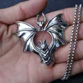 Detail of gothic bat pendant in vintage silver finish with a metal ball chain - Gothic Bat Style / Bat Wings Heart + Stainless Steel Chain