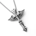 Detailed macro view of vintage gothic angel wing cross pendant in antique silver finish - Angel Wings Style