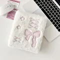 White plush A6 binder cover with pink ballet bow embroidery and soft faux fur texture - White Pink Bow (No Inner Pages)