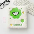 White plush A6 binder featuring a green lucky clover bear embroidery and text - Clover Puppy Style (Cover Only)
