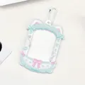 Cute light blue cat-eared acrylic photo card holder with pink bow and white bead chain - Green