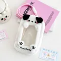 Tarjetero de peluche blanco con bordado de dibujos y cordón rosa trenzado - Perro Blanco y Negro