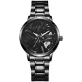 Detail of black stainless steel watch with 3D car rim dial and luminous silver needles - White