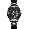 Close-up of 3D car rim dial with yellow brake caliper and brushed steel strap watch - Yellow