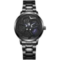 Detail of black stainless steel watch featuring a rotating car wheel hub and brake caliper - Blue