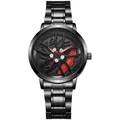 Men's car rim watch featuring black stainless steel band and 3D hollow hub dial design - Red