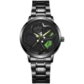 Close-up of skeleton watch dial with green brake caliper and yellow hands on steel band - Green