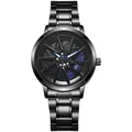 Close-up of black steel watch featuring a rotatable car wheel hub dial and blue brake caliper - Blue