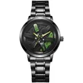 Detailed close-up of 3D hollow car wheel hub dial with green brake caliper on black steel watch - Green