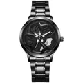 Detail of 3D car wheel hub dial with white brake caliper on black steel watch - White