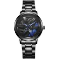 Macro view of black steel watch featuring a rotatable five-spoke wheel hub and blue calipers - Blue