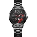 Men's black steel sports watch with 3D hollow car wheel hub dial and 30M water resistance - Red