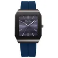 Macro view of square quartz watch featuring purple striped dial and navy silicone strap - Blue