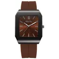 Front view of square men's watch with brown silicone strap and dark grey metal case - Coffee