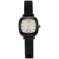 Detail of square black watch with silicone strap, rose gold hands and diamond accents - White Dial Black Strap
