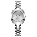 Macro detail of silver quartz watch featuring sunburst dial and rhinestone markers - Silver