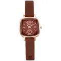 Detail of rose gold square watch dial with rhinestone and brown silicone strap - Coffee