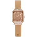 Detail der roségoldenen achteckigen Uhr mit Kristallakzenten und Silikonarmband - Kaffeebraun