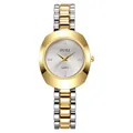Macro detail of the quartz watch dial with crystal indices and bicolor metal chain band - Gold Case White Dial
