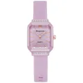 Detailansicht lila quadratische Quarzuhr mit Diamantlünette und Silikonarmband - Lila