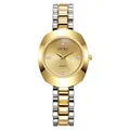 Macro view of minimalist diamond dial with gold and silver link strap watch - Gold Case Gold Dial