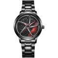 Macro view of 3D automotive wheel hub dial with red brake caliper and black steel band - Red