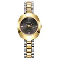 Detail of OUKI women's quartz watch showing rose gold-tone oval case and diamond markers - Gold Case Black Dial