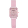 Details einer rosa Quarzuhr mit diamantbesetzter rechteckiger Lünette und Silikonband - Rosa