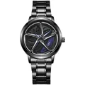 Detail of racing wheel rim dial with silver spokes and blue brake caliper on steel watch - Blue