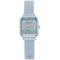 Dettaglio dell'orologio al quarzo azzurro con quadrante ondulato e accenti in diamante - Blu
