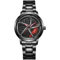 Men's quartz watch with black steel band and creative hollow car wheel hub dial design - Red