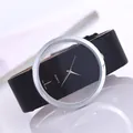 Minimalist quartz watch with transparent hollow case and black leather strap for men and women - Black