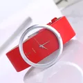 Minimalist silver skeleton watch with red leather strap and large round dial - Red