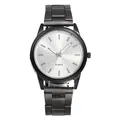 Detail of minimalist black quartz watch featuring a silver sunray dial and metal band - White Gunmetal