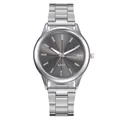 Macro detail of minimalist quartz watch with dark grey sunburst dial and silver steel band - Silver Black