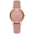 Close-up of pink quartz watch face with rose gold case and rhinestone hour markers - Pink