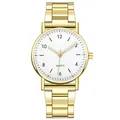 Vista macro de reloj de cuarzo dorado con manecillas luminosas y números arábigos - Esfera Blanca Dorada
