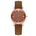 Women's rose gold quartz watch with sparkling rhinestone dial and brown leather strap - Brown