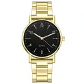 Detalle del reloj dorado de acero inoxidable con esfera negra y marcadores numéricos - Esfera Negra Dorada